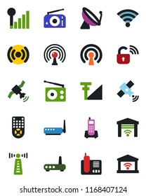 Color and black flat icon set - antenna vector, satellite, office phone, radio, remote control, wireless, cellular signal, lock, router, garage gate