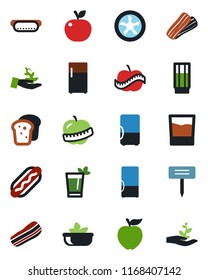 Color and black flat icon set - plant label vector, diet, fridge, drink, phyto bar, salad, bacon, bread, hot dog, apple fruit, fan, palm sproute