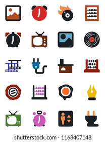 Color and black flat icon set - elevator vector, alarm clock, abacus, stamp, fireplace, film frame, vinyl, flame disk, gallery, ink pen, tv, power plug