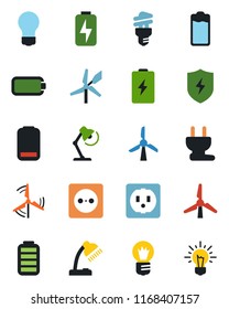 Color and black flat icon set - bulb vector, battery, low, protect, charge, desk lamp, windmill, socket, power plug, energy saving, idea