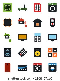 Color and black flat icon set - calculator vector, monitor, speaker, phone back, sim, washer, smart home, credit card, control, chip, remote, router