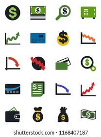 Color and black flat icon set - credit card vector, safe, dollar sign, money bag, crisis graph, receipt, wallet, growth, search, cash