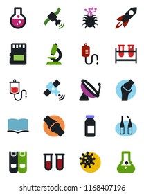 Color and black flat icon set - satellite antenna vector, book, blood test vial, dropper, microscope, ampoule, joint, virus, sd, rocket, flask