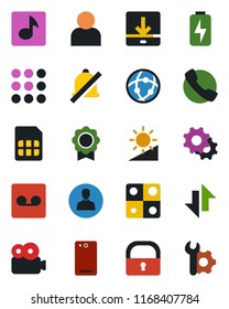 Color and black flat icon set - phone back vector, call, menu, settings, user, record, sim, network, data exchange, download, mute, brightness, lock, music, video, charge, application, sertificate