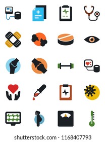Color and black flat icon set - monitor pulse vector, diagnosis, stethoscope, blood pressure, dropper, scales, pills, patch, barbell, heart hand, eye, joint, broken bone, clipboard, pregnancy, virus