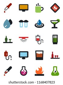 Color and black flat icon set - hot cup vector, dropper, flammable, monitor, alcohol, drink, cocktail, water, filter, sprinkler, flask