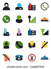 Color and black flat icon set - phone vector, no mobile, office, support, tracking, radio, call, mute, cellular signal, reception