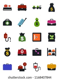 Color and black flat icon set - suitcase vector, baggage conveyor, larry, luggage storage, scales, checkroom, case, money bag, fertilizer, doctor, dropper
