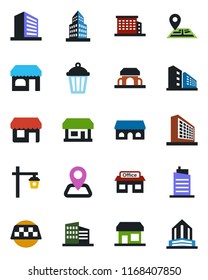 Color and black flat icon set - taxi vector, shop, office building, garden light, navigation, store, city house, cafe, storefront