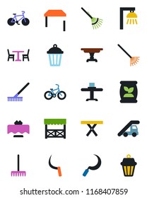 Color and black flat icon set - cafe vector, ladder car, rake, sickle, garden light, picnic table, fertilizer, bike, restaurant, alcove, outdoor lamp