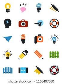 Color and black flat icon set - automatic door vector, brainstorm, bulb, camera, pencil, fence, rolling pin, energy saving, idea, paper plane, crisis management