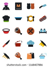 Color and black flat icon set - cook vector, cafe, hat, menu, bacon, salt and pepper, ham, bowl, rolling pin, cutting board, knife, steaming pan