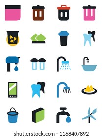 Color and black flat icon set - trash bin vector, shower, bucket, tooth, mobile, blank box, water supply, bathroom, serviette, filter, windmill