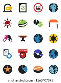 Color and black flat icon set - no laptop vector, ticket office, document reload, pills, diet, earth, pie graph, table, police, alarm led