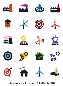 Color and black flat icon set - factory vector, bird house, target, sun panel, windmill, eco, water, palm sproute