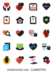 Color and black flat icon set - heart vector, pulse, diagnosis, blood pressure, diagnostic, shield, hand, real, medical calendar, clipboard, sweet home