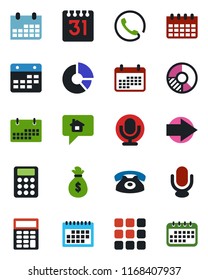 Color and black flat icon set - right arrow vector, calendar, circle chart, microphone, menu, calculator, phone, home message, money bag