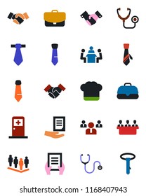 Color and black flat icon set - medical room vector, handshake, team, tie, document, stethoscope, meeting, cook hat, case