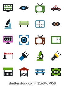 Color and black flat icon set - barrier vector, alarm car, bench, monitor pulse, microscope, eye, torch, plan, tv, alcove, scan