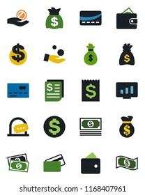Color and black flat icon set - credit card vector, ticket office, dollar sign, money bag, statistic monitor, cash, receipt, wallet, investment