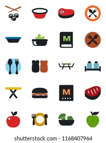 Color and black flat icon set - spoon and fork vector, picnic table, cafe, menu, salad, salt pepper, steak, hamburger, bowl, sushi, apple fruit