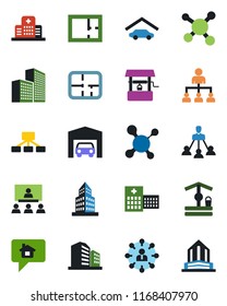 Color and black flat icon set - hierarchy vector, well, molecule, hospital, office building, garage, plan, home message