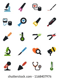 Color and black flat icon set - trowel vector, pruner, saw, stethoscope, blood pressure, thermometer, heart diagnostic, microscope, scalpel, microphone