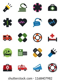 Color and black flat icon set - hose vector, heart pulse, doctor case, patch, ambulance star, car, hospital bed, loudspeaker, torch, crisis management