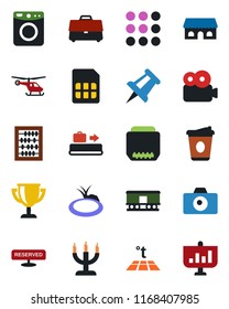 Color and black flat icon set - baggage conveyor vector, camera, helicopter, abacus, coffee, drawing pin, pond, railroad, hdmi, menu, sim, video, case, reserved, cafe building, candle, washer