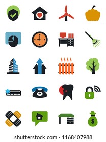 Color and black flat icon set - mouse vector, desk, rake, tree, pumpkin, patch, caries, shield, clock, office building, windmill, sweet home, heater, air conditioner, phone, wireless lock, message