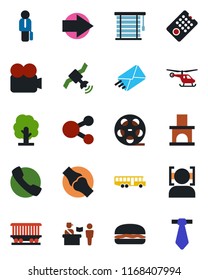 Color and black flat icon set - airport bus vector, passport control, right arrow, helicopter, tree, fireplace, joint, railroad, reel, satellite, video camera, call, face id, manager, hamburger, tie