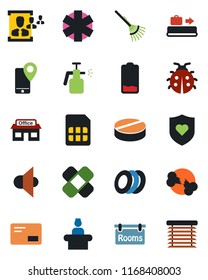 Color and black flat icon set - baggage conveyor vector, reception, rake, lady bug, garden sprayer, pills, patch, ambulance star, heart shield, broken bone, store, mobile tracking, speaker, mail, hr