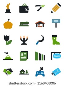Color and black flat icon set - pedestal vector, pencil, pruner, boot, sickle, plant label, pumpkin, receipt, tulip, sorting, gamepad, stapler, house with tree, warehouse, rooms, candle, motivation