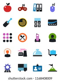 Color and black flat icon set - baggage trolley vector, spoon and fork, reception bell, radar, identity card, calculator, mouse, factory, office phone, consolidated cargo, gamepad, jack connector