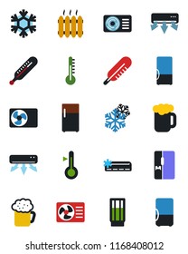 Color and black flat icon set - thermometer vector, heater, air conditioner, fridge, drink, beer, snowflake