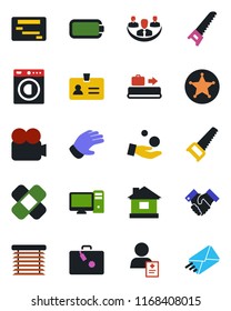 Color and black flat icon set - suitcase vector, baggage conveyor, identity, glove, saw, house, patch, patient, video camera, battery, company, handshake, washer, pc, jalousie, police, investment