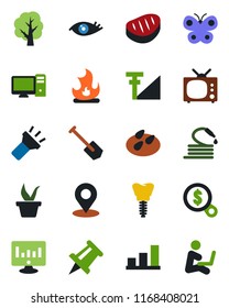 Color and black flat icon set - drawing pin vector, job, statistic monitor, seedling, tree, butterfly, fire, hose, seeds, implant, eye, torch, place tag, cellular signal, bar graph, tv, steak, pc