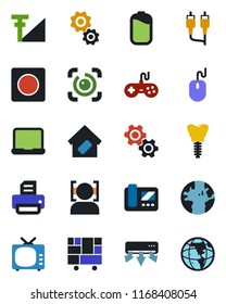 Color and black flat icon set - mouse vector, printer, implant, earth, consolidated cargo, tv, gamepad, rca, record, face id, eye, cellular signal, battery, notebook pc, smart home, air conditioner