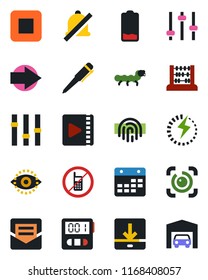 Color and black flat icon set - no mobile vector, right arrow, abacus, pen, caterpillar, settings, low battery, stop button, tuning, stopwatch, mail, calendar, download, mute, eye id, fingerprint
