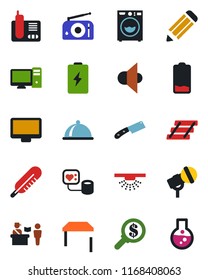 Color and black flat icon set - passport control vector, pencil, blood pressure, thermometer, microphone, radio, speaker, monitor, phone, low battery, paper tray, table, washer, dish, knife, pc
