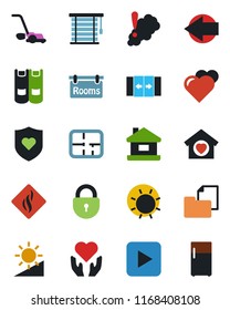 Color and black flat icon set - automatic door vector, left arrow, lock, book, lawn mower, sun, heart, shield, hand, folder document, play button, brightness, house, plan, rooms, sweet home, fridge