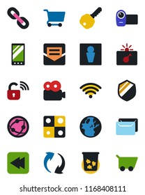 Color and black flat icon set - trash bin vector, male, bomb in case, shield, video camera, network, chain, rewind, mobile, update, mail, application, key, wireless, lock, earth, cart