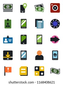 Color and black flat icon set - right arrow vector, mobile phone, identity card, document, important flag, cash, tracking, cell, camera, user, download, application, home control app