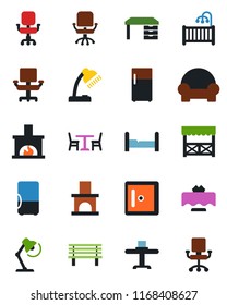 Color and black flat icon set - cafe vector, checkroom, office chair, desk, bench, fireplace, lamp, bedroom, children room, cushioned furniture, restaurant table, alcove, fridge