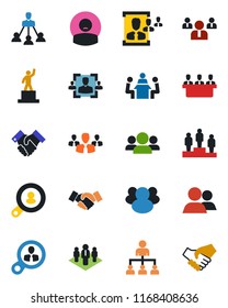 Color and black flat icon set - handshake vector, hierarchy, pedestal, team, patient, group, hr, meeting, company, client search, consumer