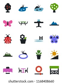 Color and black flat icon set - cafe vector, flower in pot, butterfly, lady bug, pond, picnic table, brightness, pool, fruit tree, mountains, restaurant, alcove