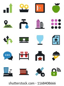 Color and black flat icon set - airport building vector, checkroom, growth statistic, blood test vial, route, navigation, satellite, fragile, railroad, dialog, menu, water supply, estate document