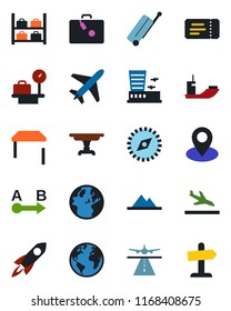 Color and black flat icon set - plane vector, runway, suitcase, arrival, ticket, luggage storage, scales, airport building, earth, pin, sea shipping, route, compass, mountains, table, rocket