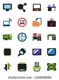 Color and black flat icon set - no laptop vector, bomb in case, wireless notebook, desk, printer, folder document, tv, network, monitor, pc, share, hdmi, data exchange, manager, chip, eye scan