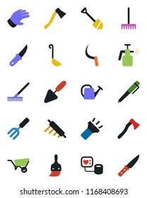 Color and black flat icon set - job vector, trowel, garden fork, rake, watering can, wheelbarrow, glove, sickle, knife, axe, sprayer, blood pressure, themes, torch, pen, ladle, rolling pin